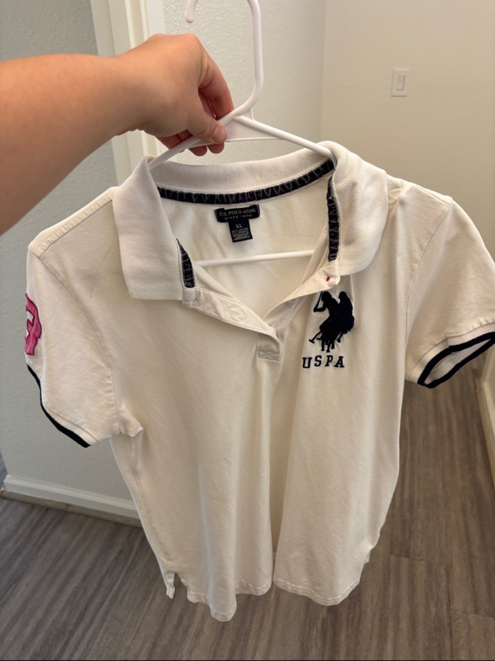 U.S. Polo Assn. White Kids Polo with Navy Logo and Pink Sleeve Patch